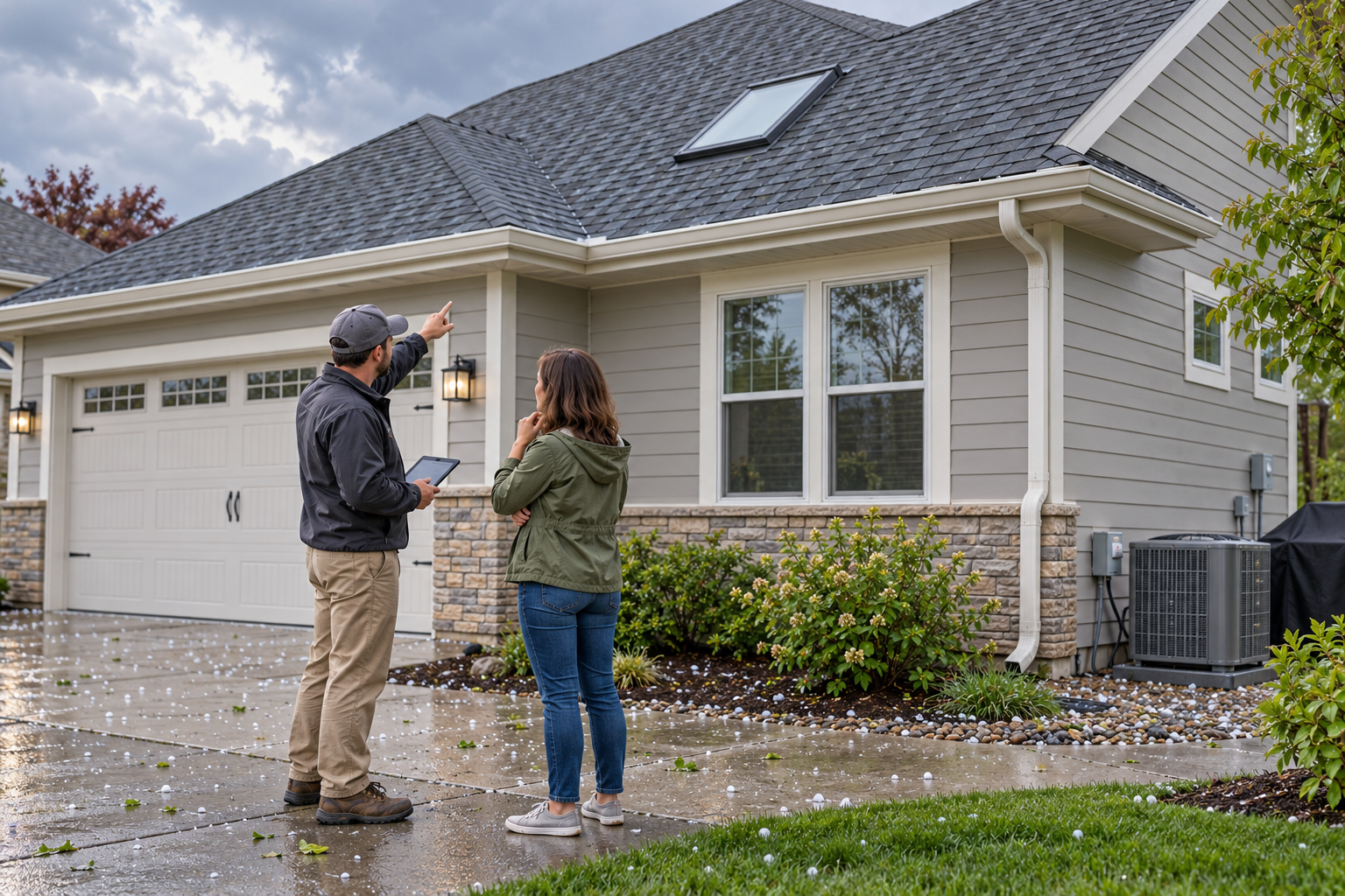 A homeowner and contractor inspect a roof, skylight, siding, and exterior equipment after a hail event