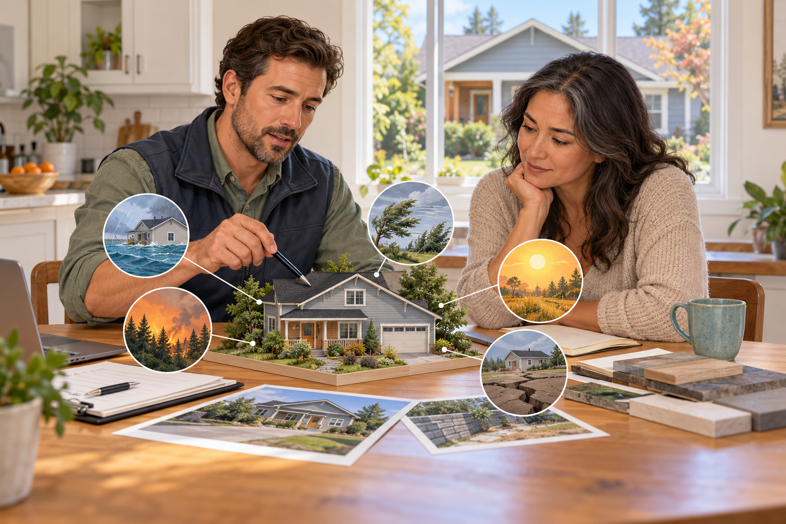 A homeowner and resilience assessor review a house model and property hazards together