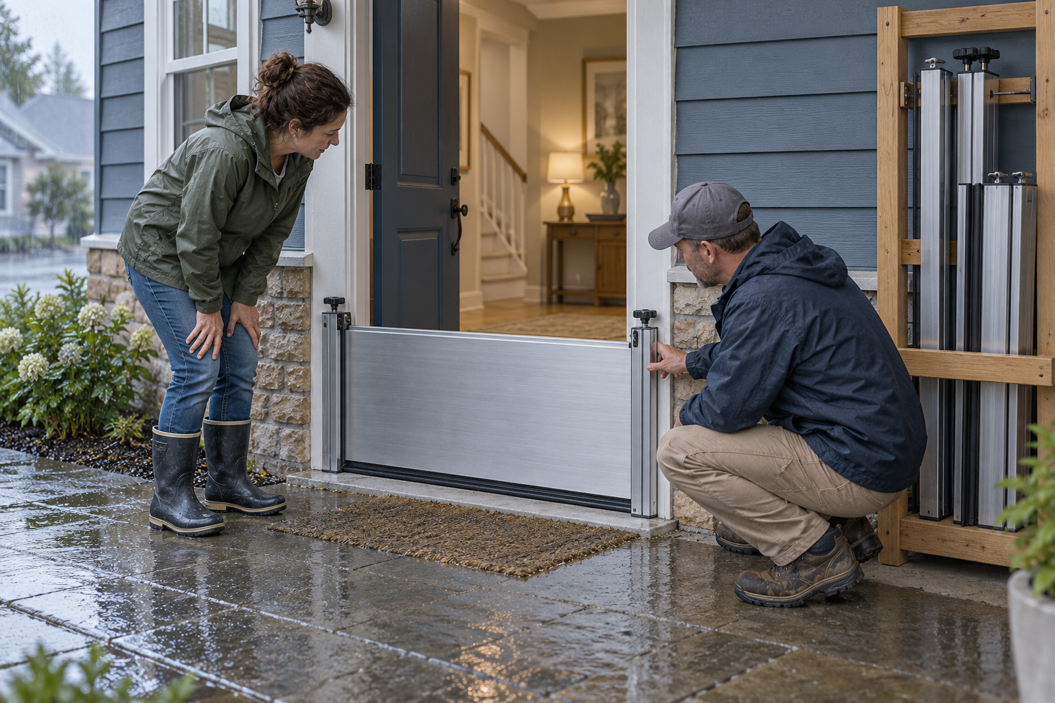 A homeowner and contractor check a removable flood panel fitted across one exterior doorway