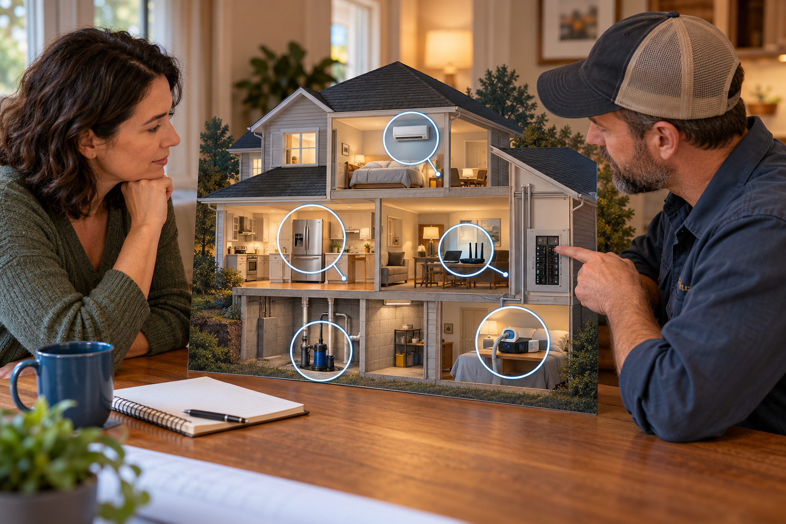 A homeowner and electrician identify a small set of critical household loads on a home cutaway