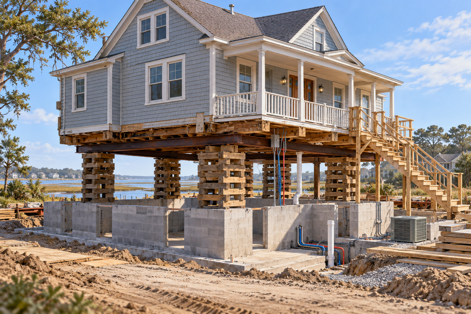 An existing house supported above a new foundation during a full-house elevation project