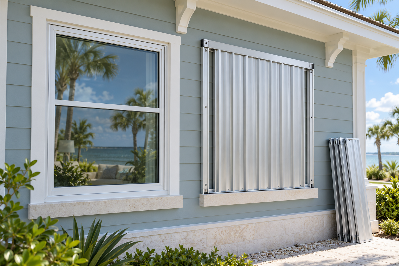 A clear impact-resistant window beside a closed storm shutter with removable panels stored nearby