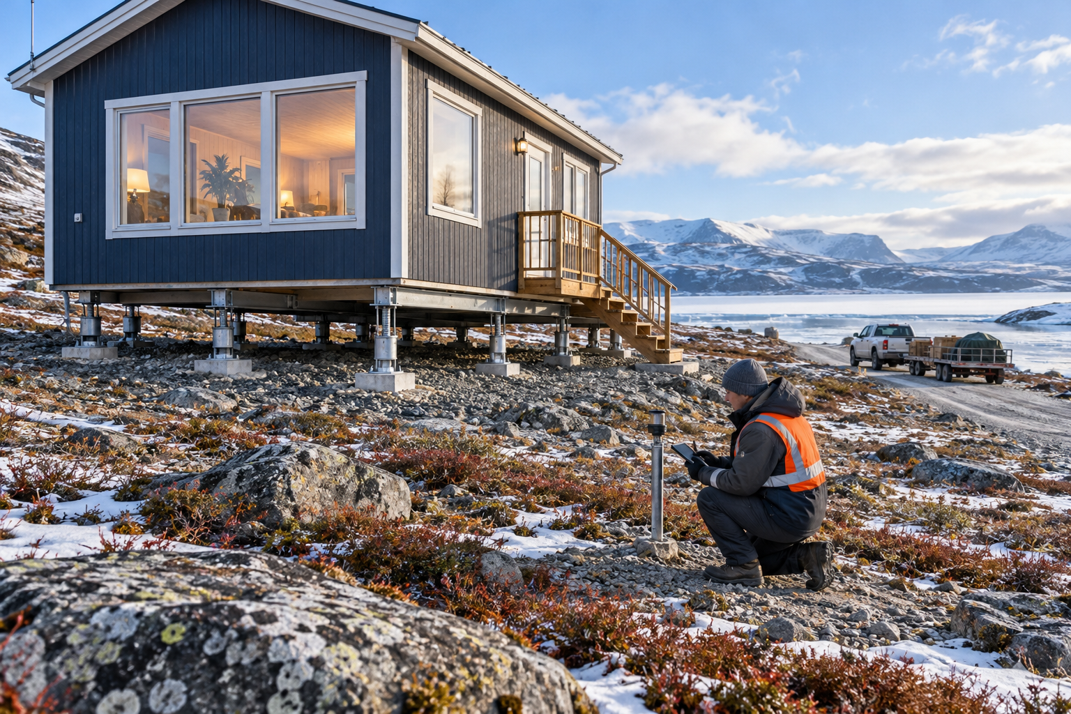 A northern home on elevated supports with a professional checking a ground-monitoring point