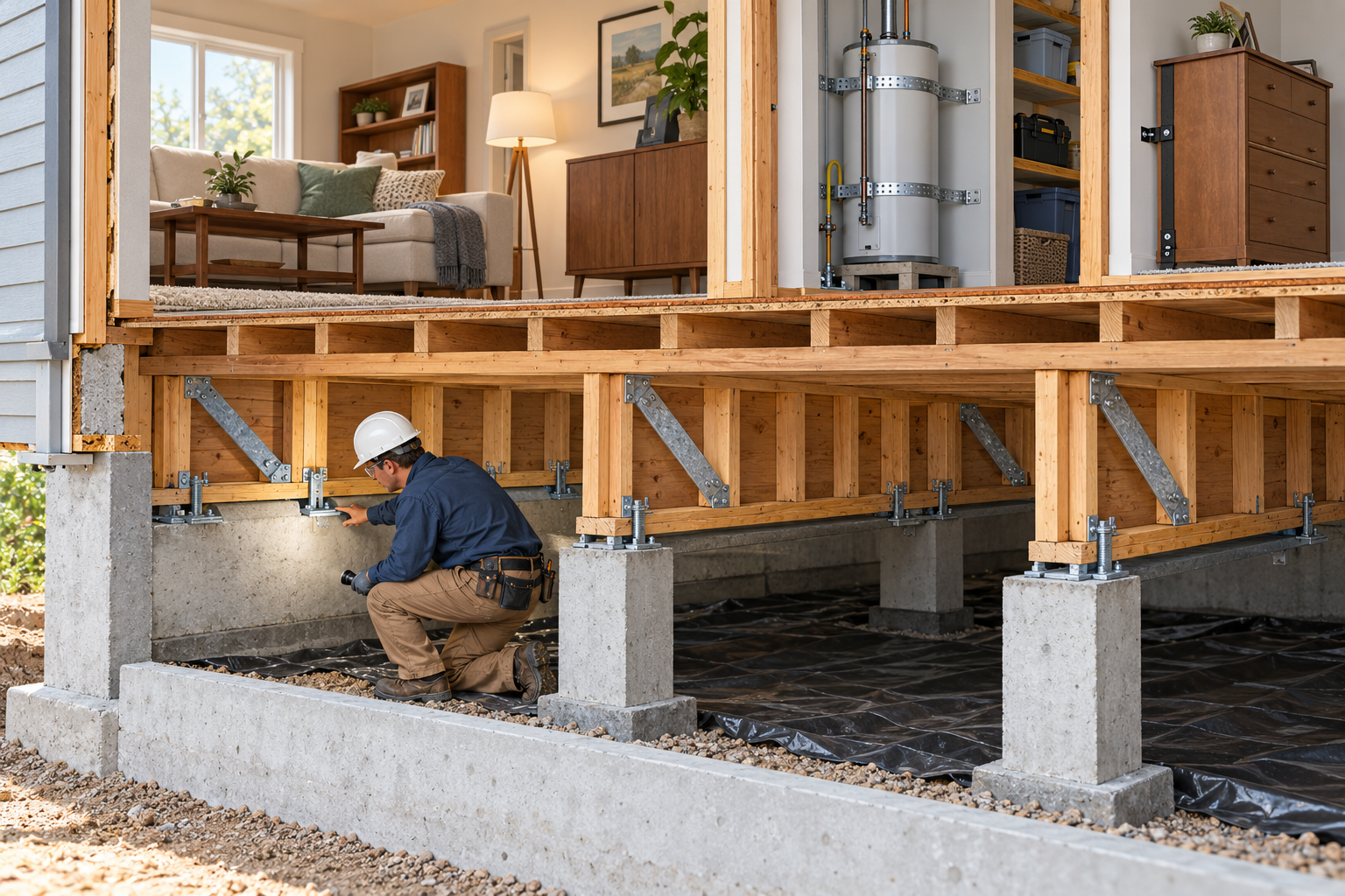A contractor inspects foundation anchorage and bracing beneath a raised wood-frame home