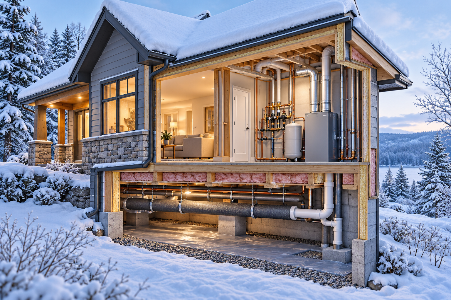 Cutaway of a winter home showing insulated plumbing and heating systems beneath a snow-covered roof