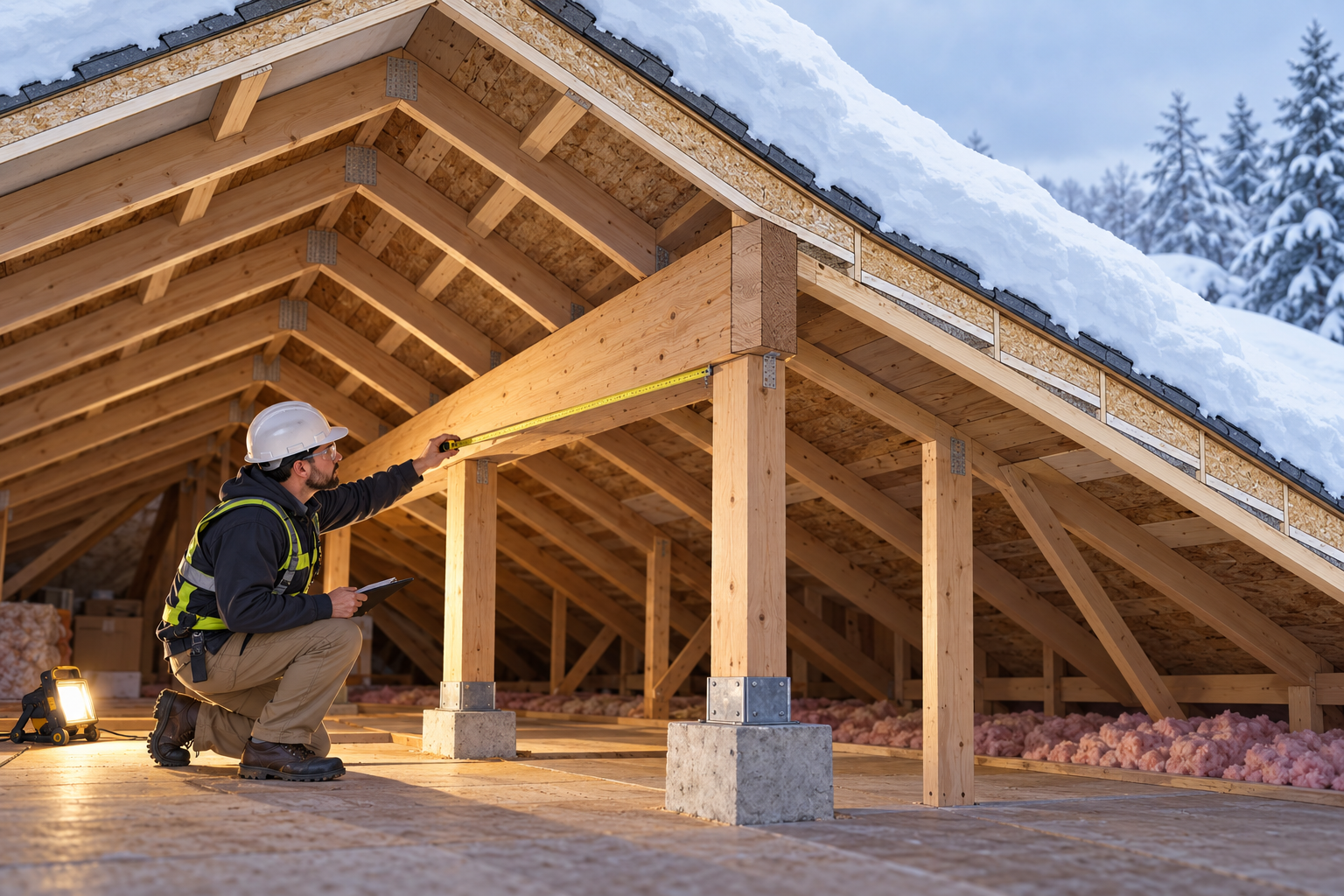 A structural professional inspects roof framing and supports from inside an attic