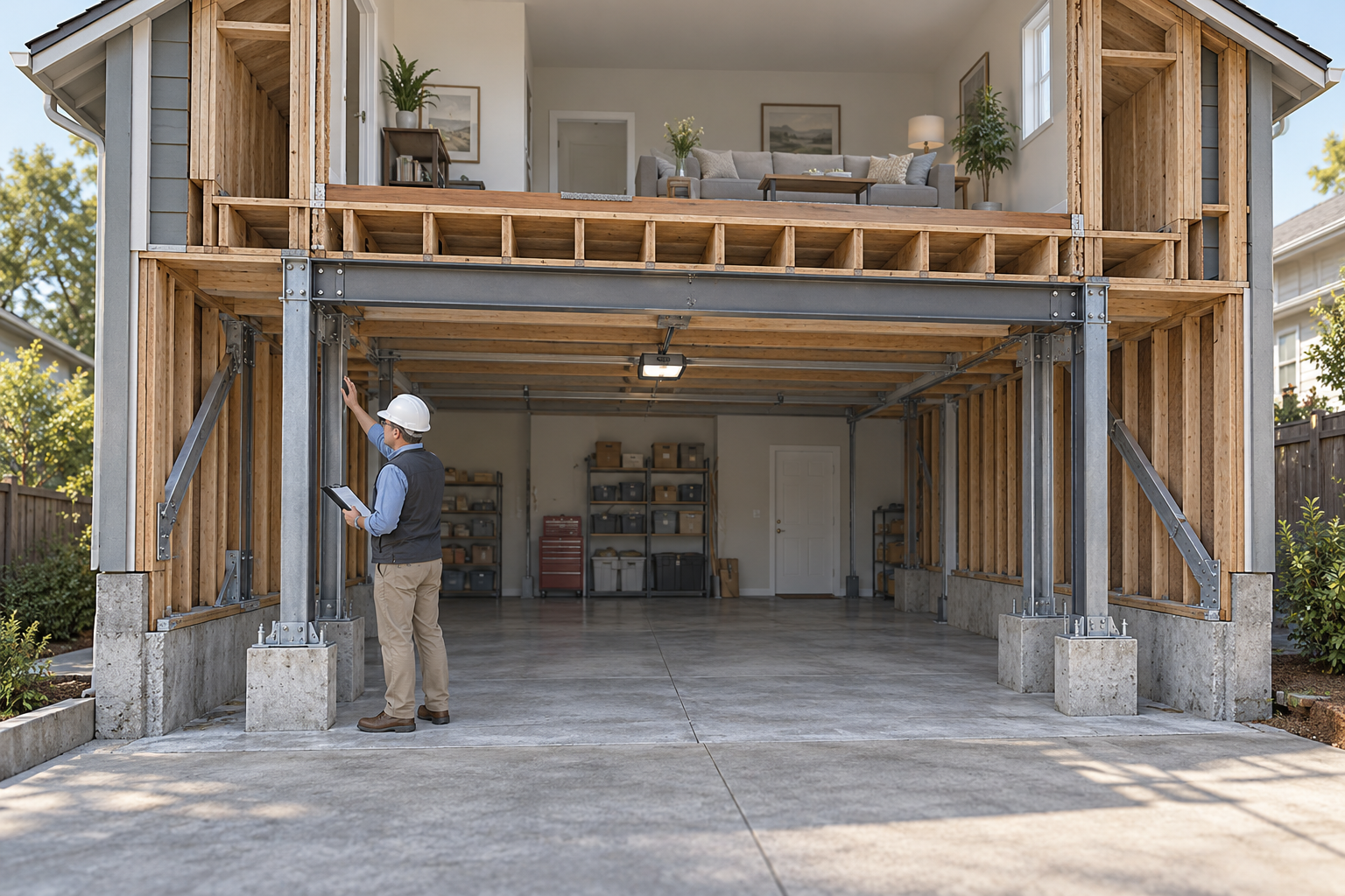 A structural engineer inspects a reinforced frame around a wide garage opening beneath living space