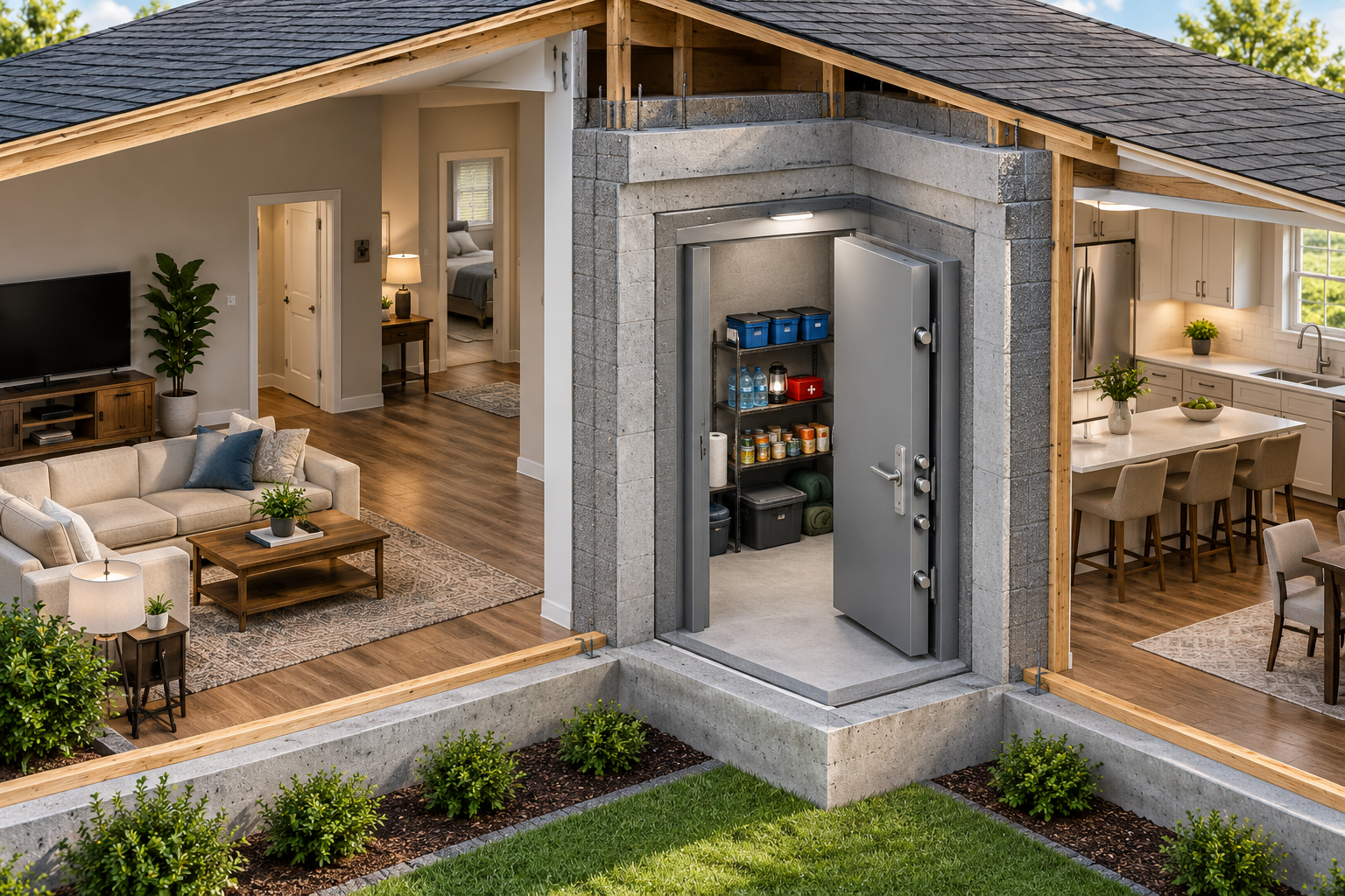 A reinforced safe room integrated into the house interior and foundation