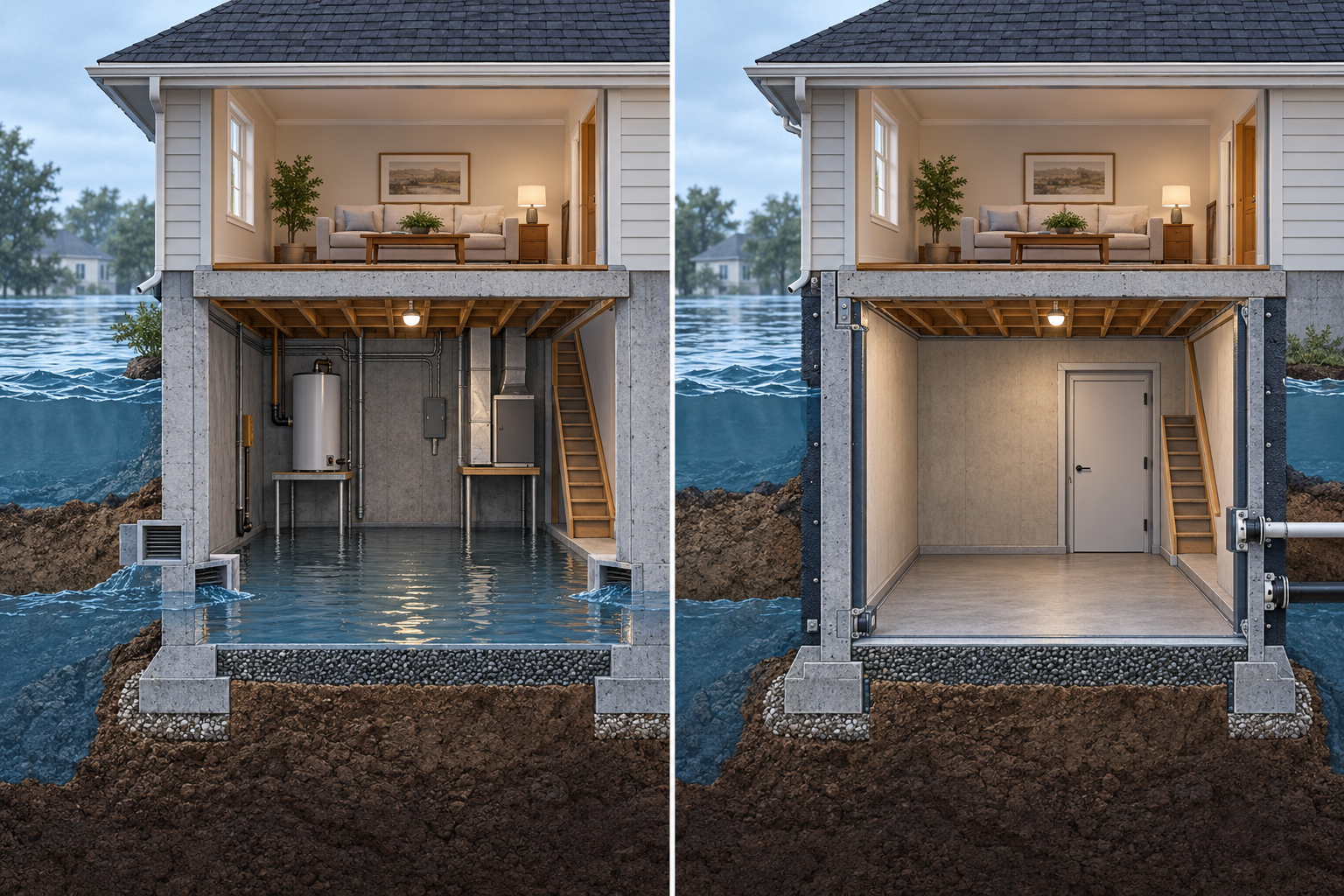 Side-by-side cutaway showing water-tolerant wet floodproofing and a sealed dry-floodproofed enclosure