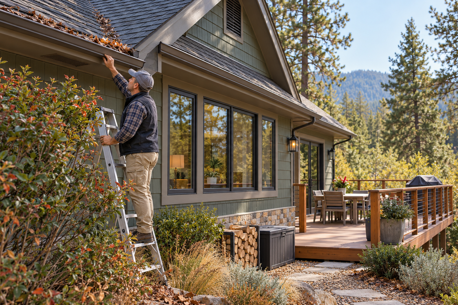 An assessor checks roof-edge debris, vents, exterior openings, and a deck as parts of a wildfire hardening review