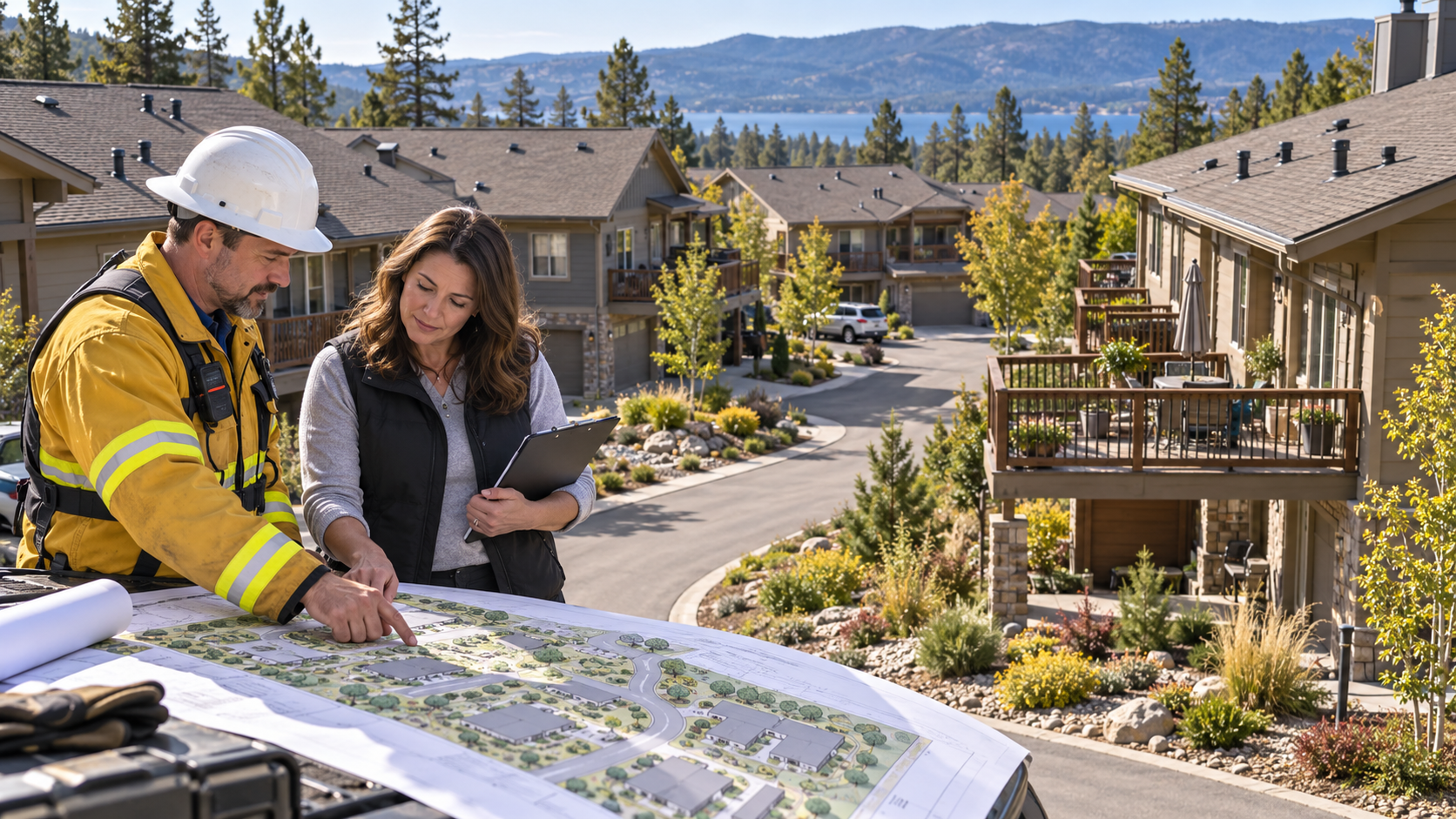 A property manager and fire professional review wildfire mitigation scope for shared residential buildings