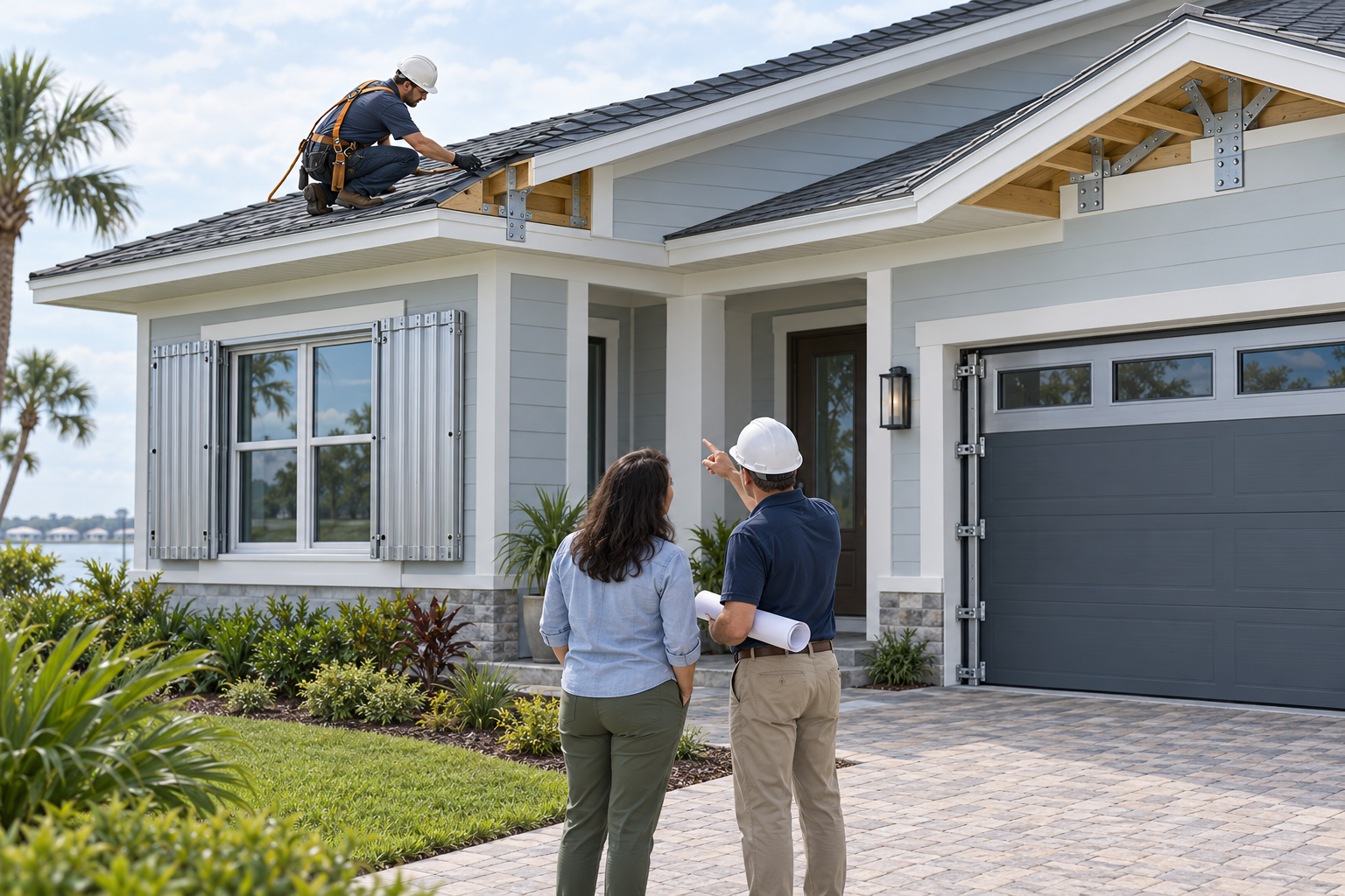 A roofer and homeowner review roof connections, window protection, and garage reinforcement as one wind-retrofit scope