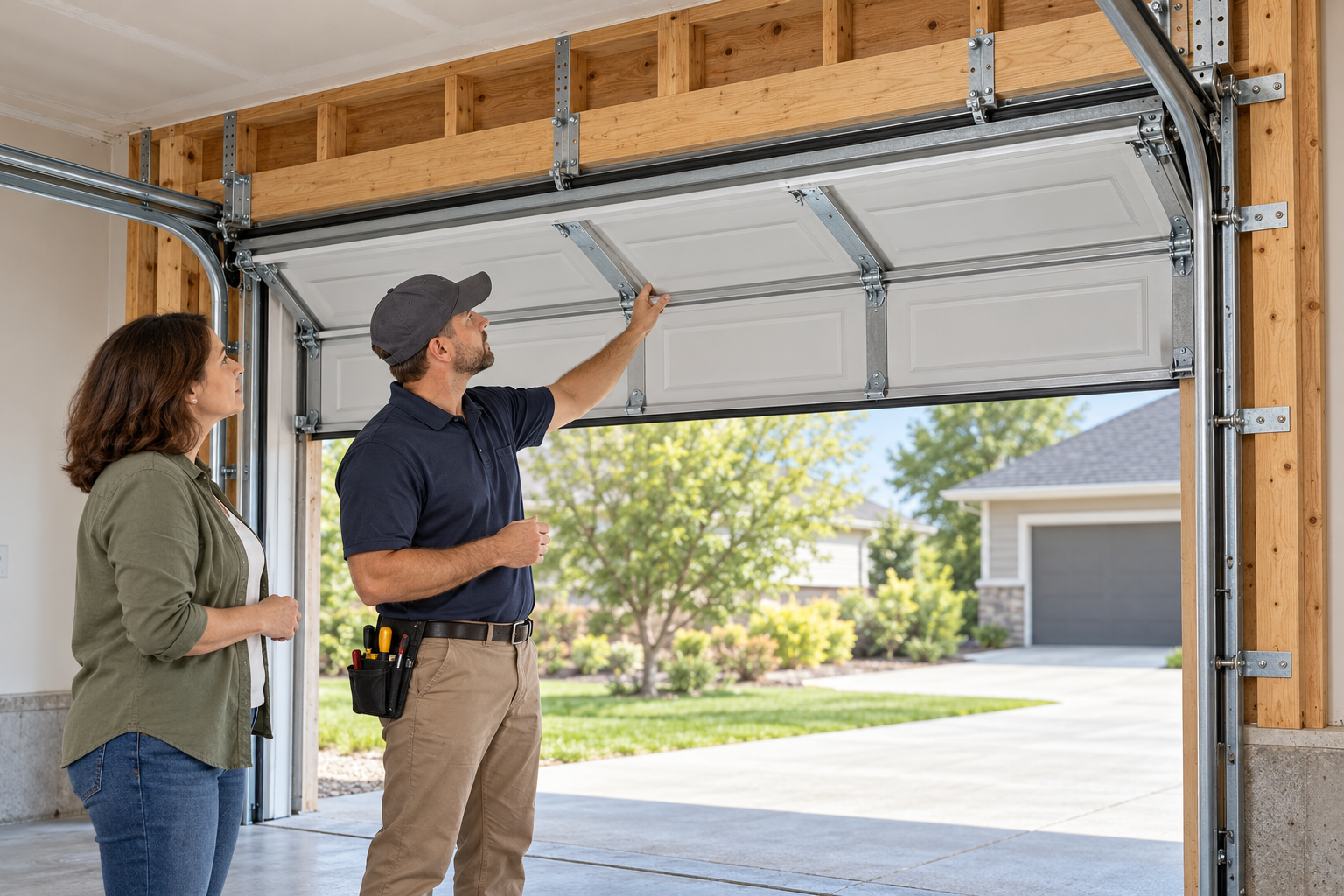 A contractor and homeowner inspect a garage door, its tracks, reinforcement, and surrounding framing