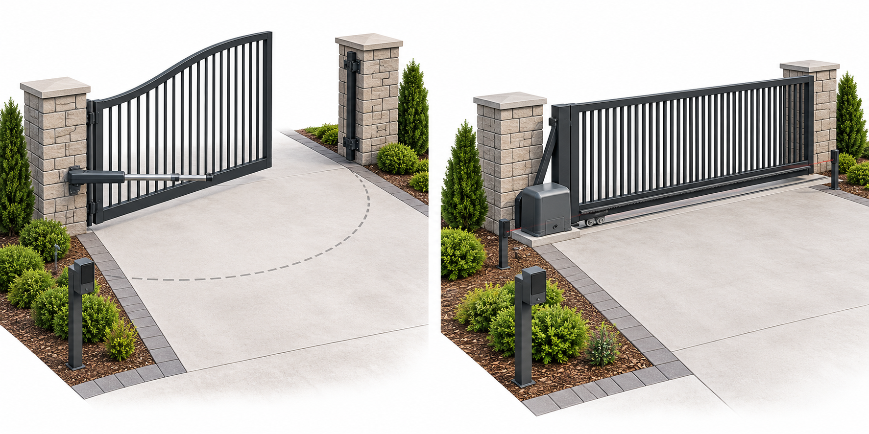 Automated swing and slide gates have different travel space, power, control, and operator scopes.