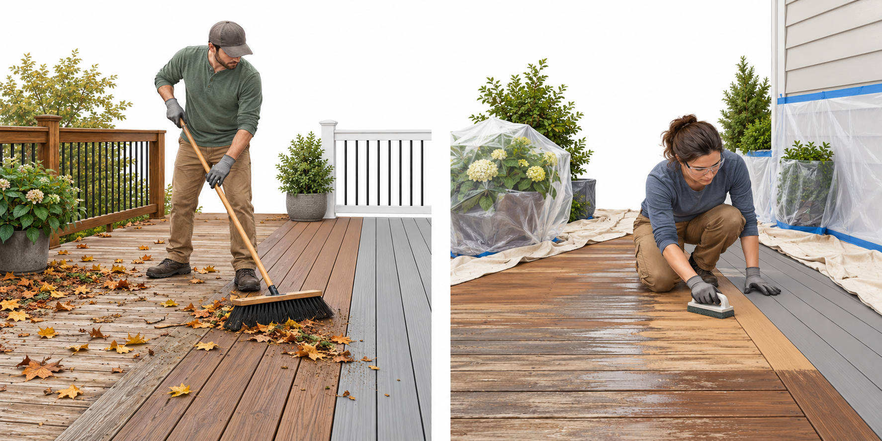 Routine cleaning and preparation for refinishing involve different work areas and levels of surface preparation.