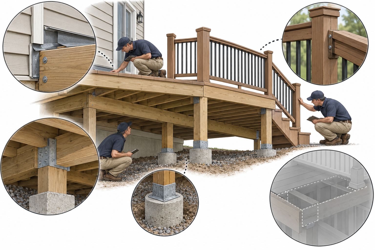 A deck inspection considers visible connections, supports, stairs, rails, and access limits as distinct parts of its scope.