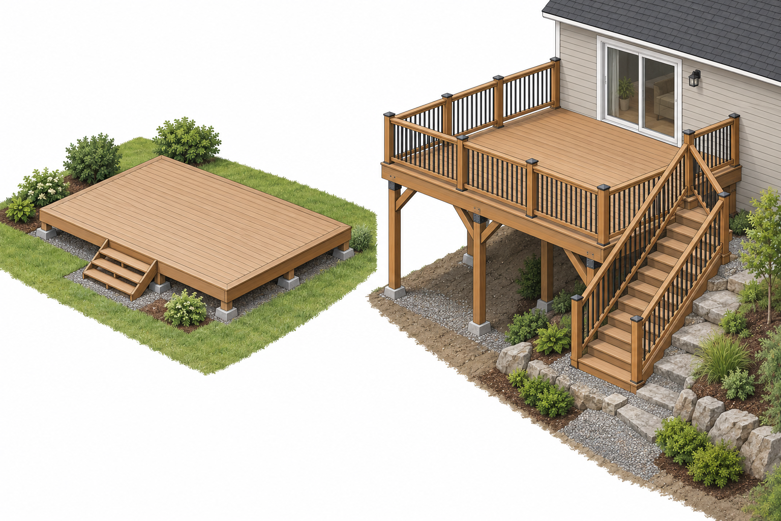 Two similarly sized decks can involve different structural, attachment, stair, and access scopes.