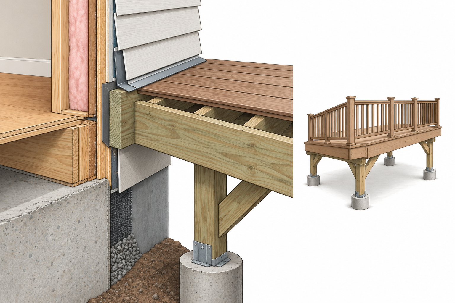 An attached deck repair can involve the ledger, wall finish, flashing, and deck framing at the house interface.