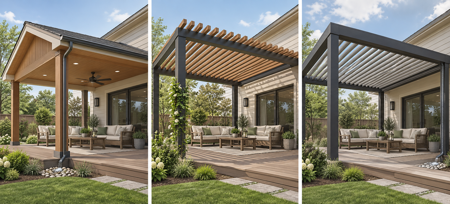 Fixed roofs, pergola-style covers, and louvered systems have different forms and operating features.
