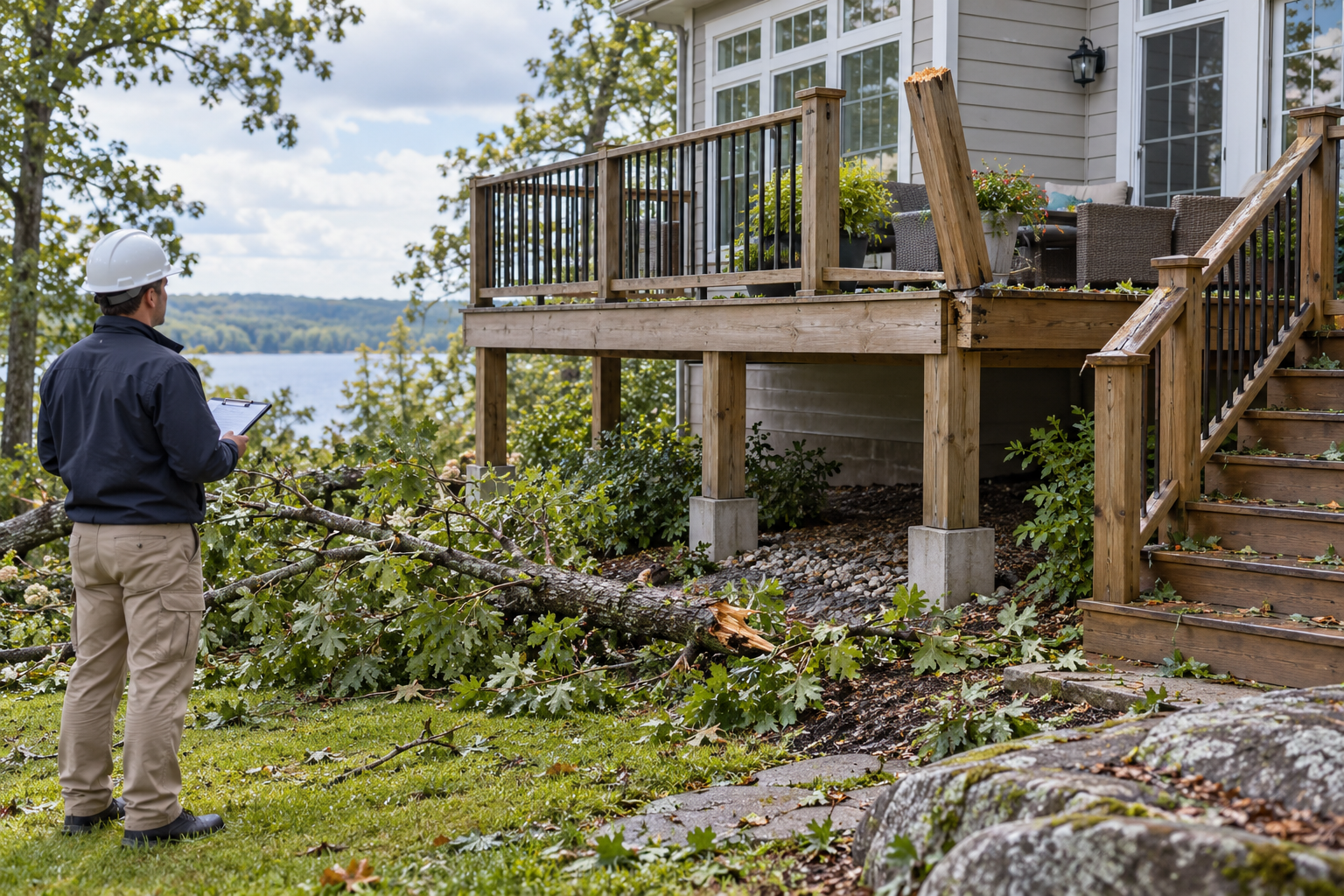 A post-event evaluation can document visible damage while keeping people clear of a potentially unstable structure.