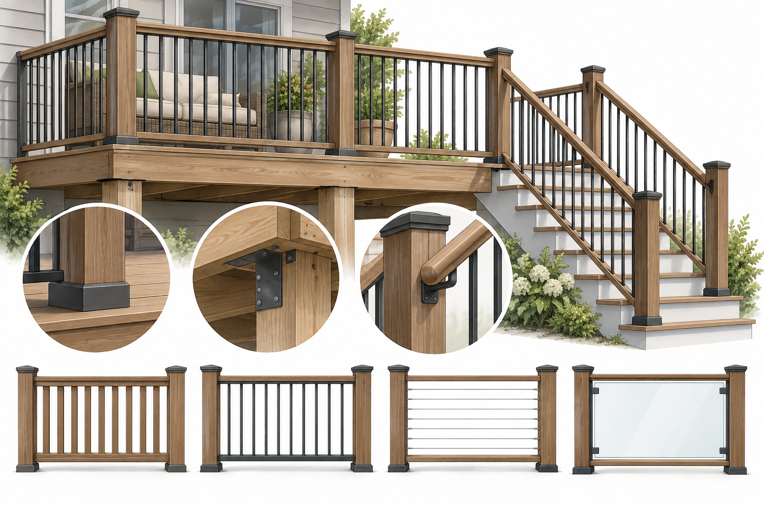 A railing quote may cover deck-edge guards, stair handrails, post connections, and different infill systems.