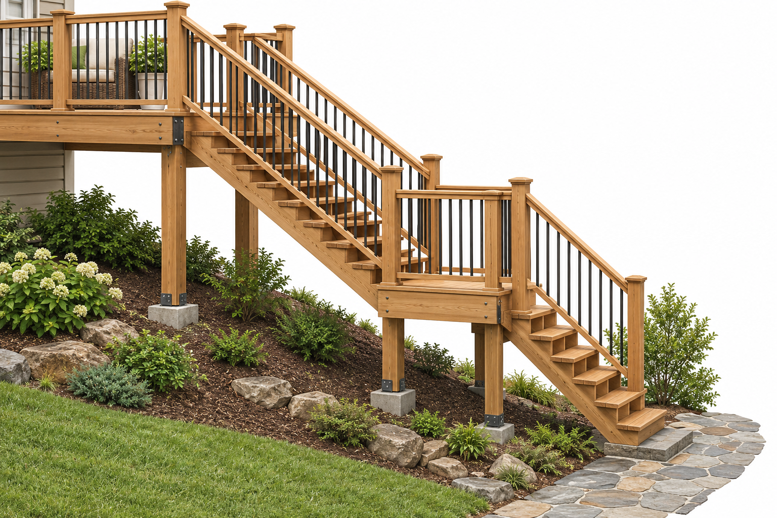 An exterior stair quote can cover the full route from deck to ground, including landings, rails, and connections.