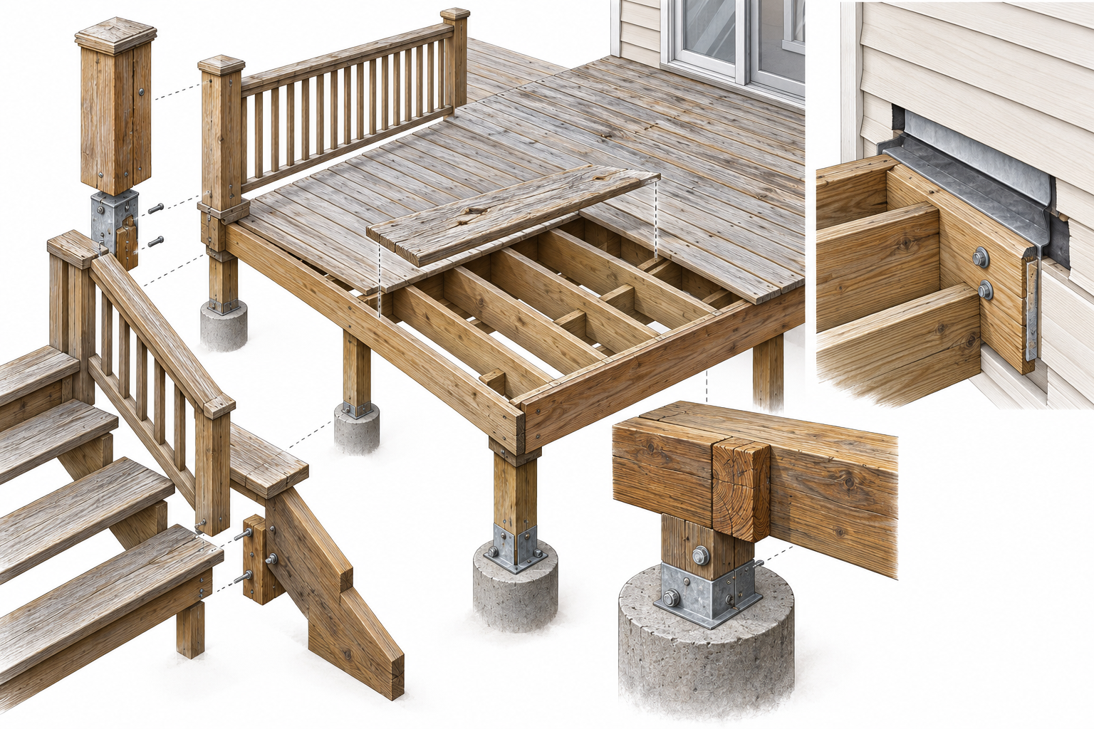 An exploded deck view highlights separate surface, guard, stair, framing, and house-connection repair scopes.