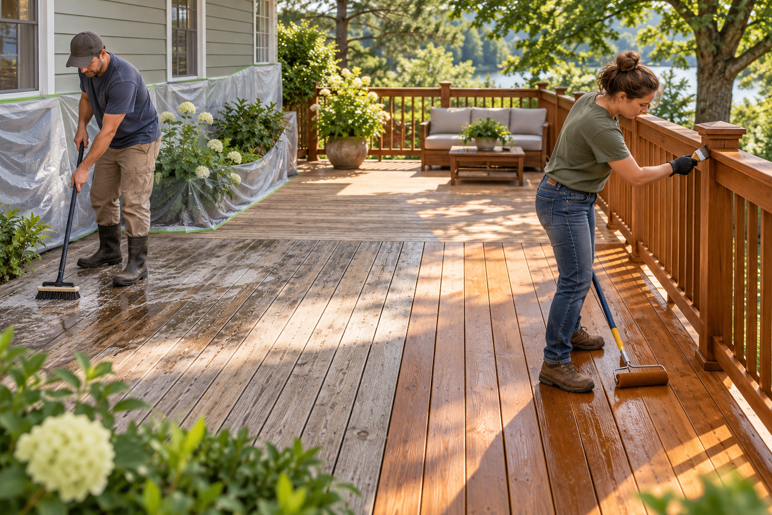 Refinishing scope can vary across deck floors, rails, stairs, and surfaces with different sun and moisture exposure.
