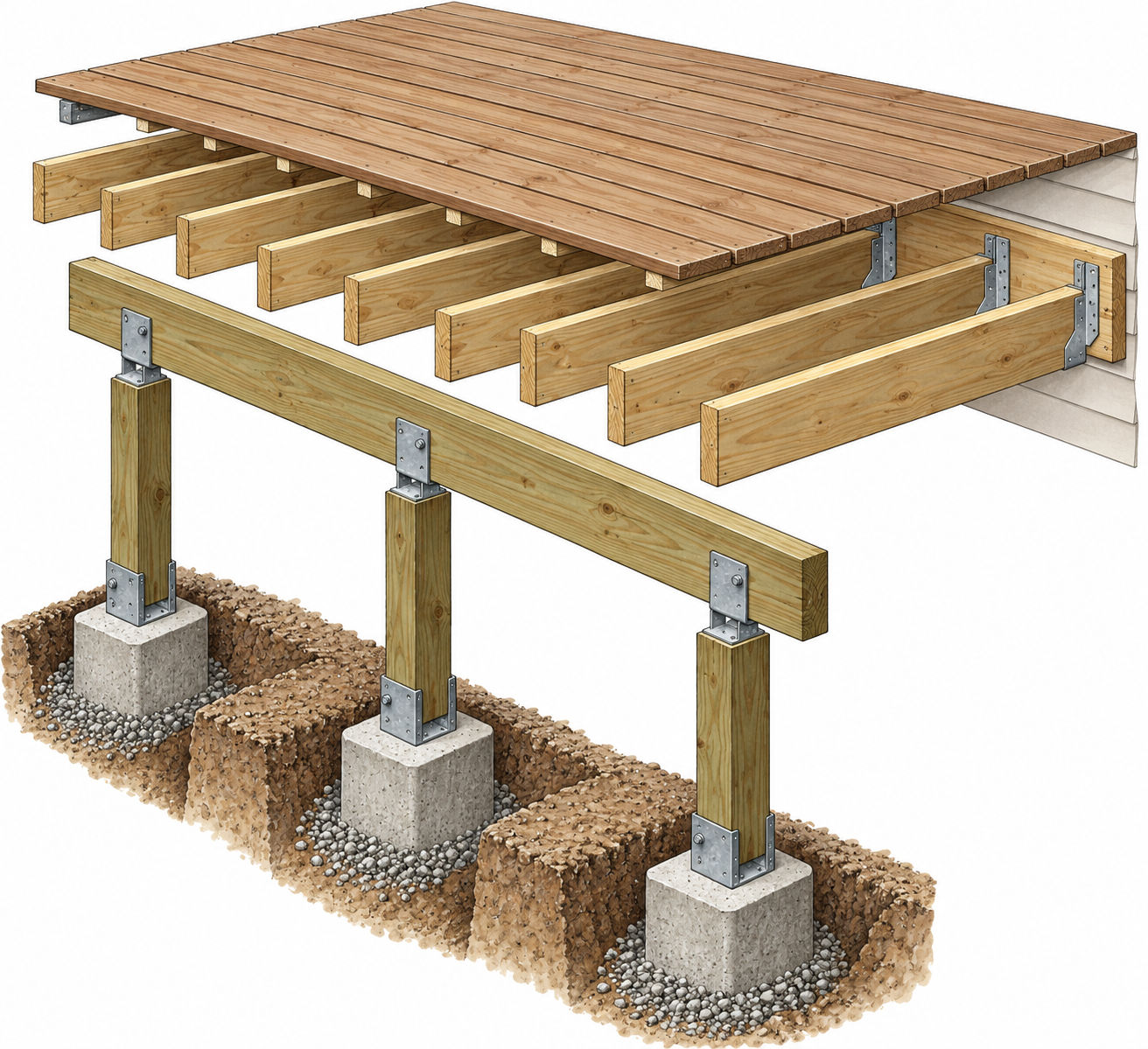 Deck boards, joists, beams, posts, connectors, and footings form distinct parts of a repair scope.