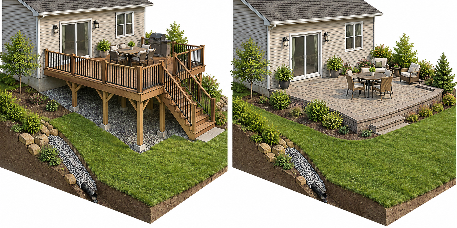 A deck and a patio create outdoor space through different support, grade, and site-preparation systems.
