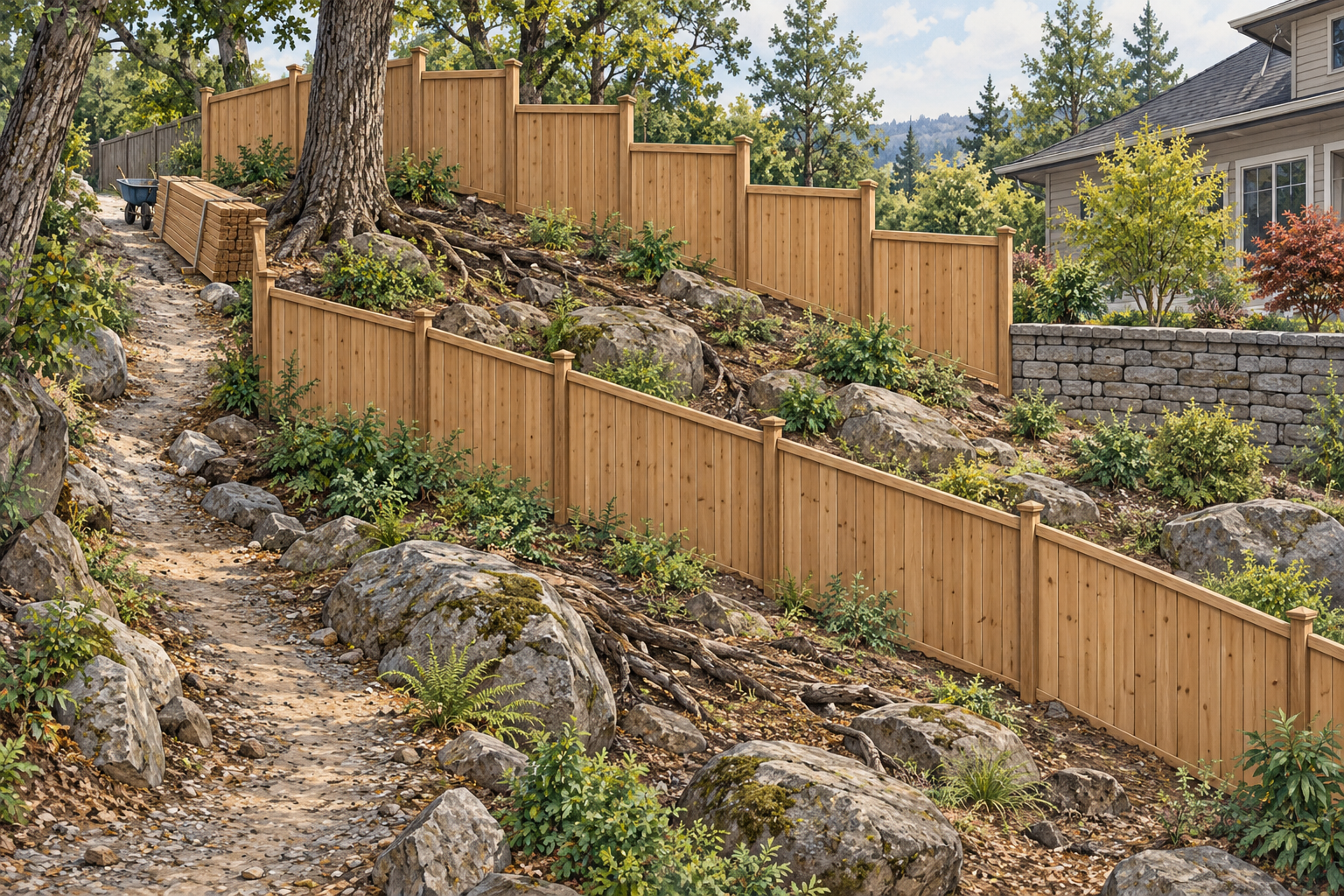 A sloped and obstructed fence route can change panel layout, excavation, and material access.