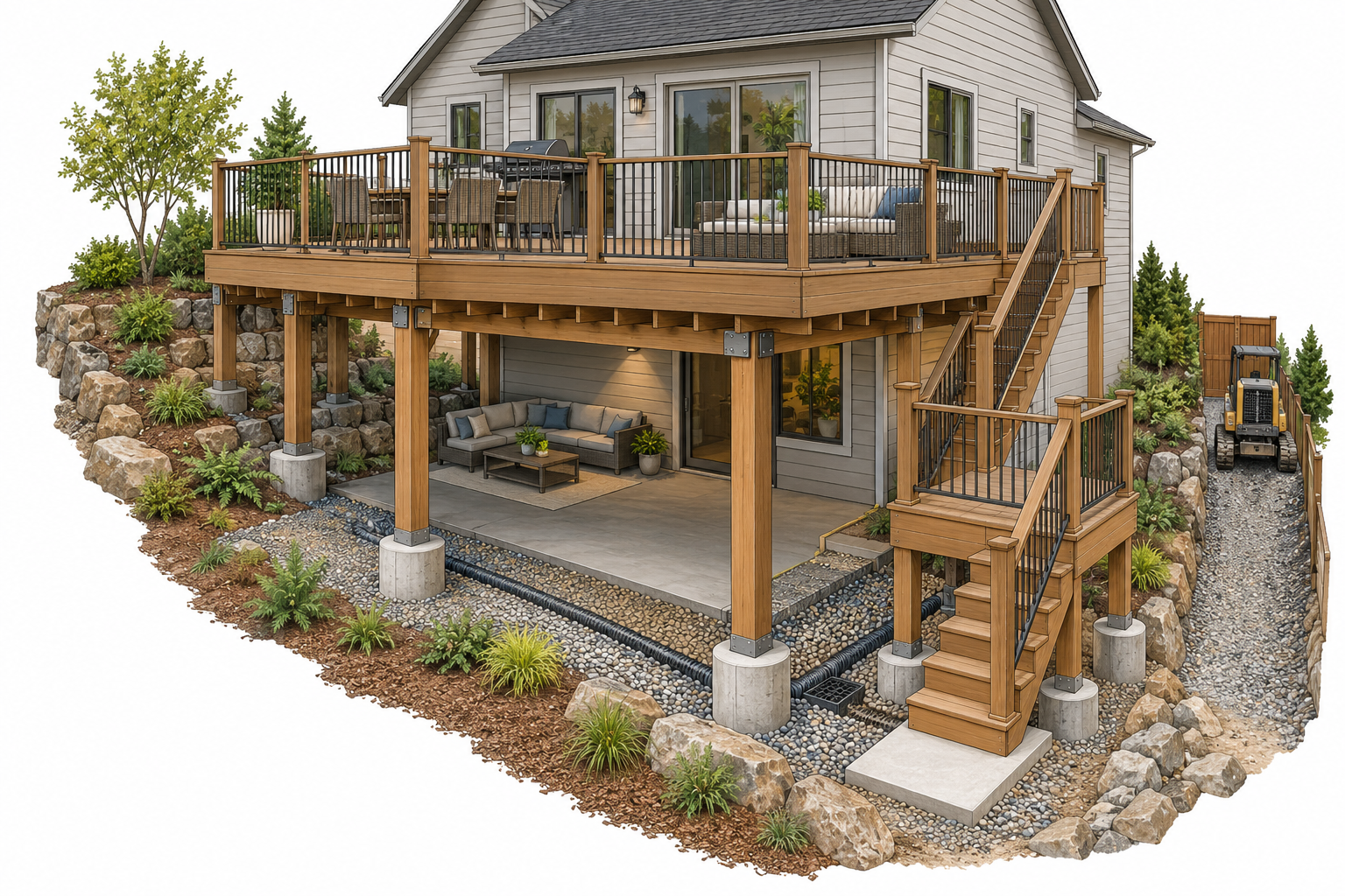 An elevated-deck scope includes supports, stairs, guards, access, and potentially separate work beneath the structure.