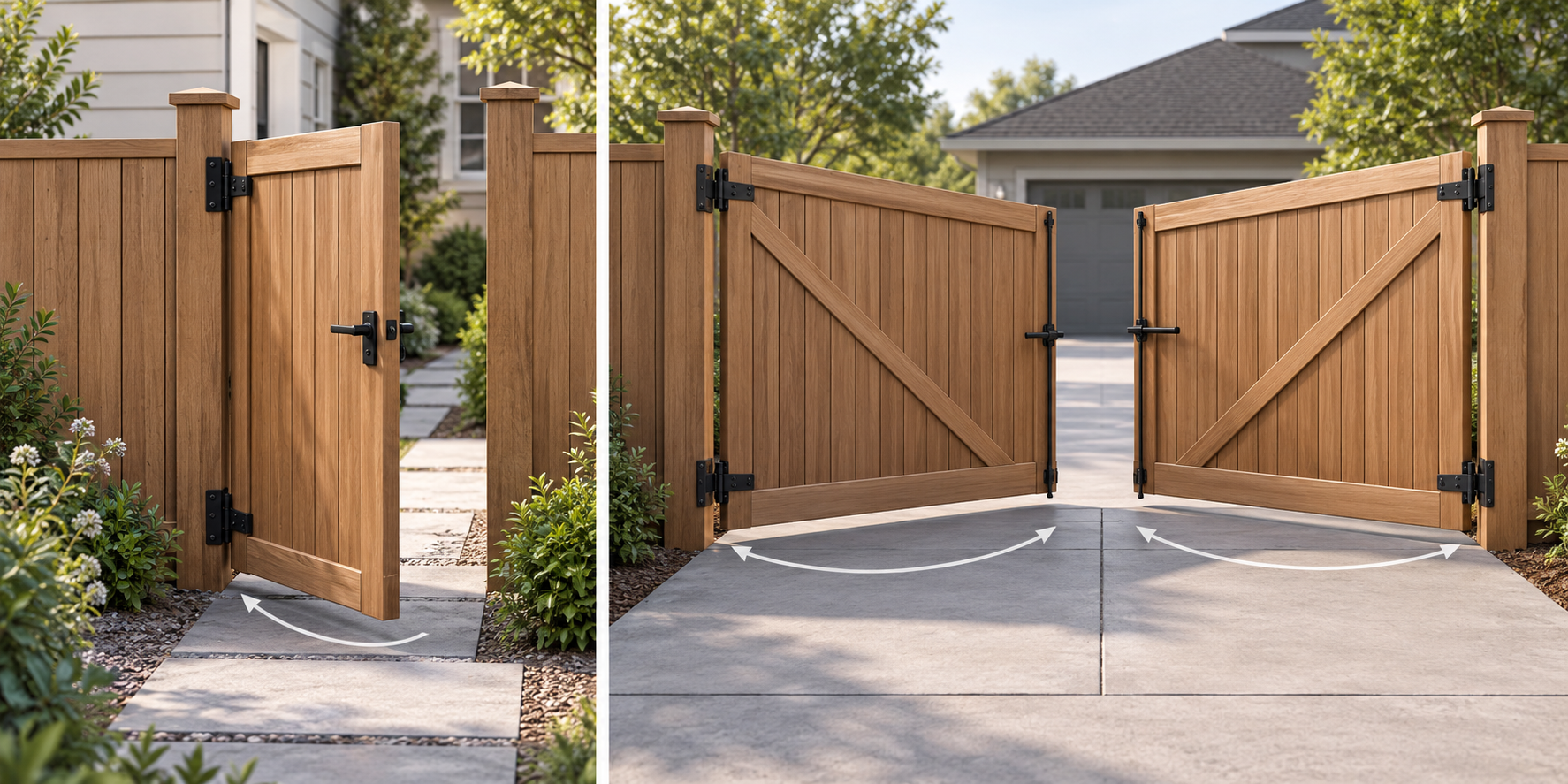 Pedestrian and driveway gates differ in opening width, support posts, hardware, and travel space.