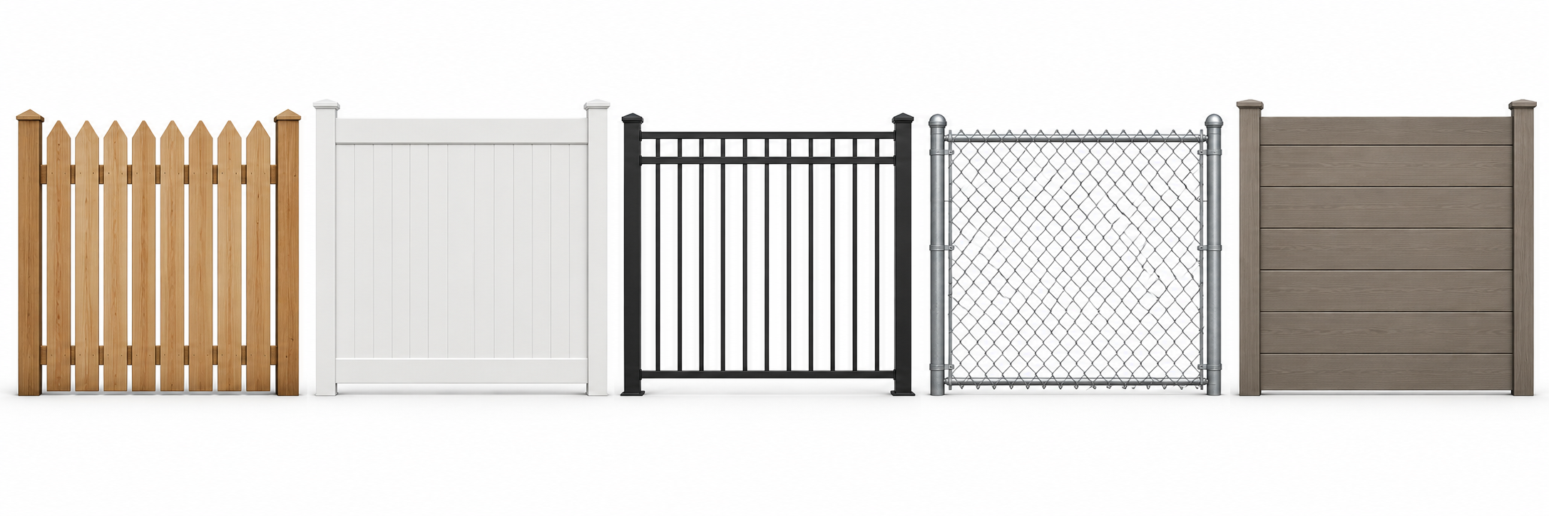 Wood, vinyl, aluminum, chain-link, and composite fences offer different visual systems to compare by project goal.