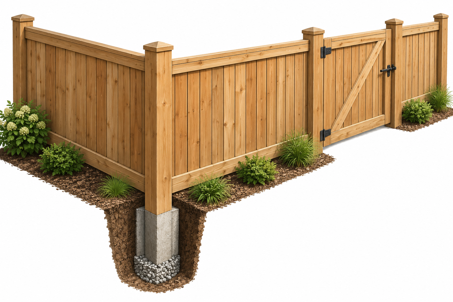 Line, corner, and gate posts can involve different attached fence sections and excavation scopes.