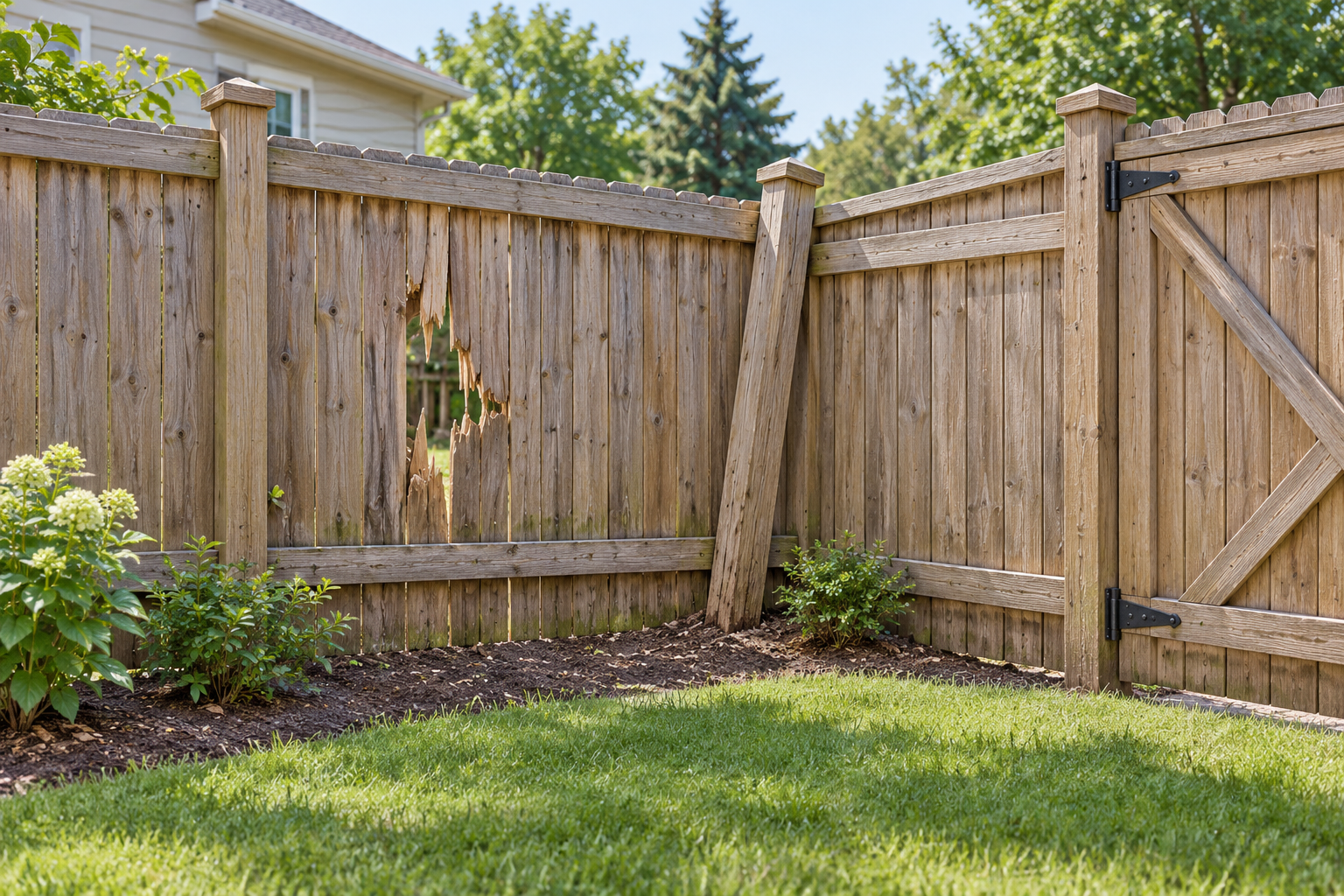 A localized fence repair can involve a damaged panel, leaning post, gate connection, and neighboring sections to inspect.