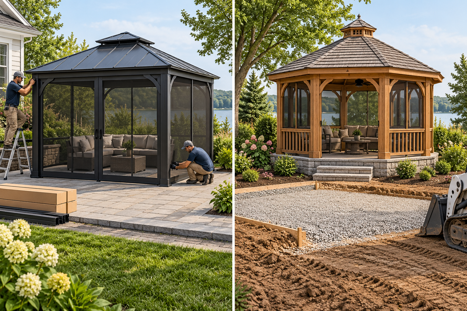 Gazebo kit assembly and custom construction can involve different base, delivery, and site-preparation work.