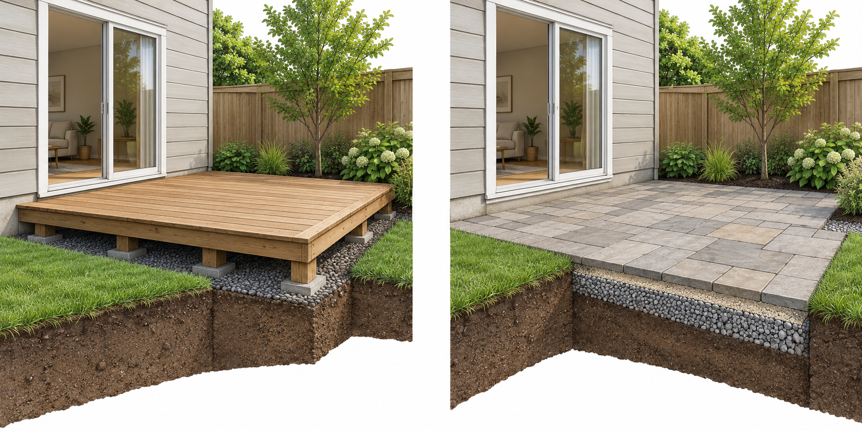 A low deck and a patio can create similar outdoor space through different support, ground, and drainage scopes.