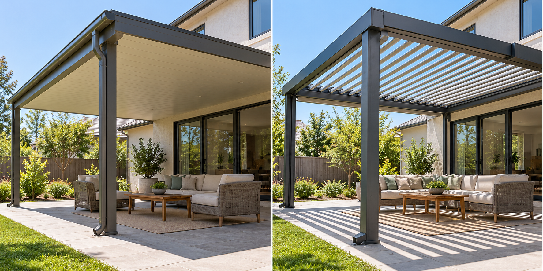 Fixed roofs and louvered systems differ in roof behavior, moving parts, and drainage components.