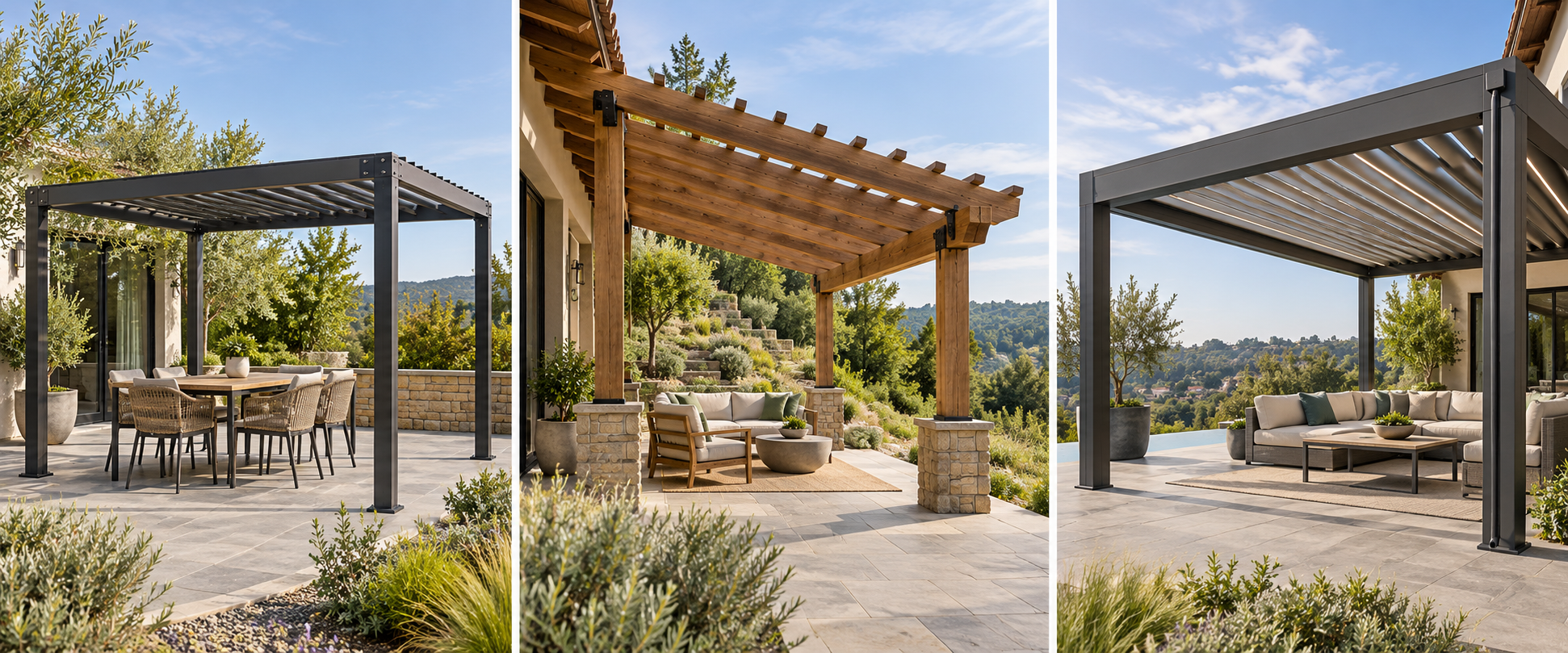 A prefabricated kit, custom pergola, and louvered system have distinct product and installation scopes.