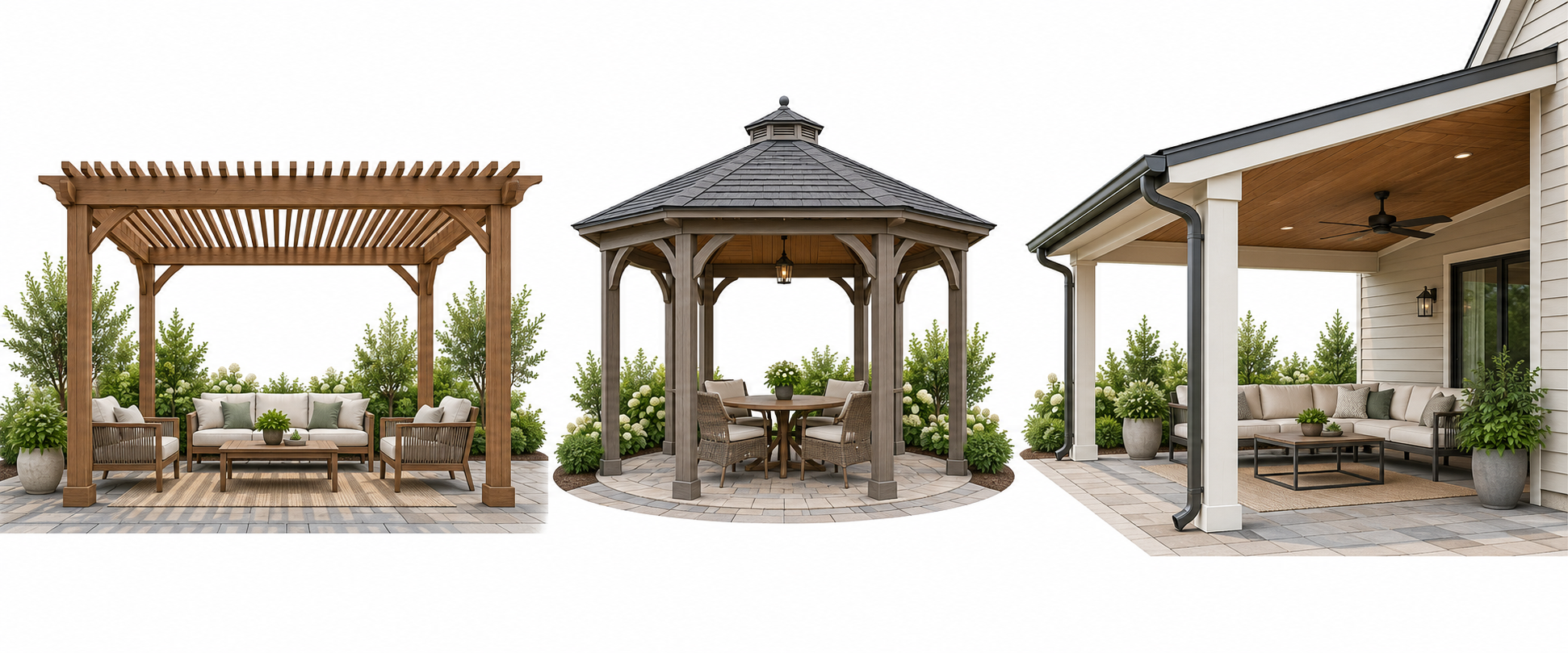 A pergola, gazebo, and covered patio differ in form, location, shade, and roof coverage.