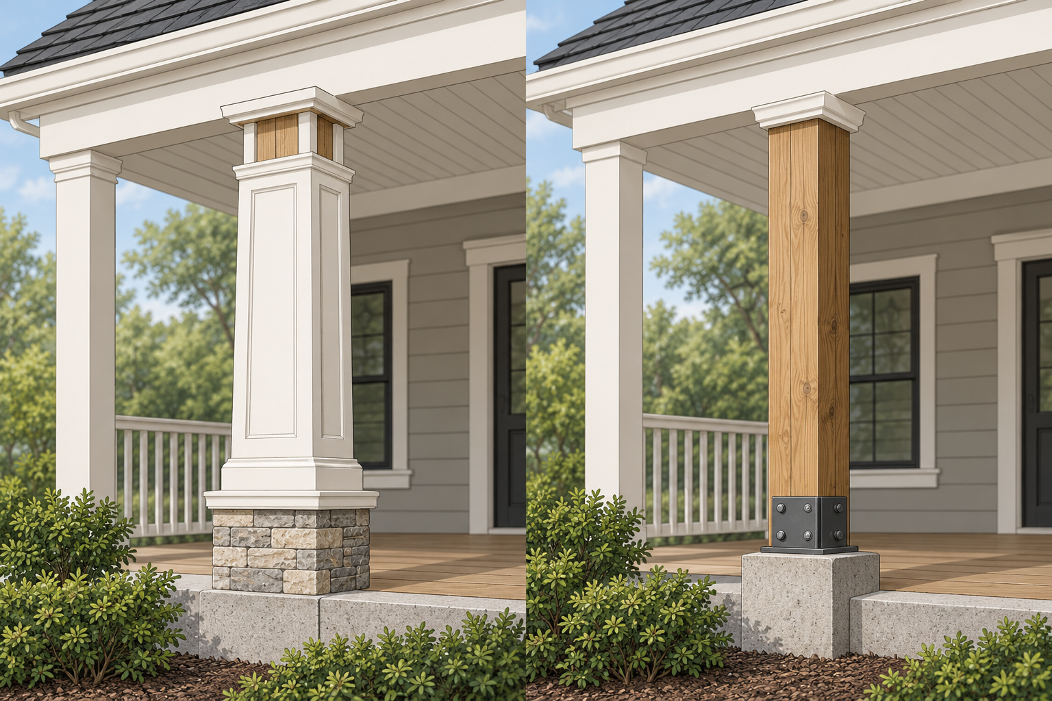 A porch column may be a finish wrap or a structural support, with different work at the beam and base.