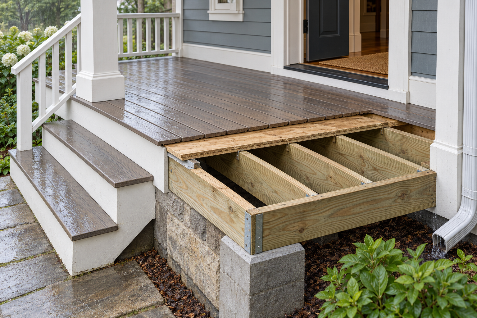 Porch floor replacement can involve the surface, joists, edges, stairs, and house threshold as separate layers.