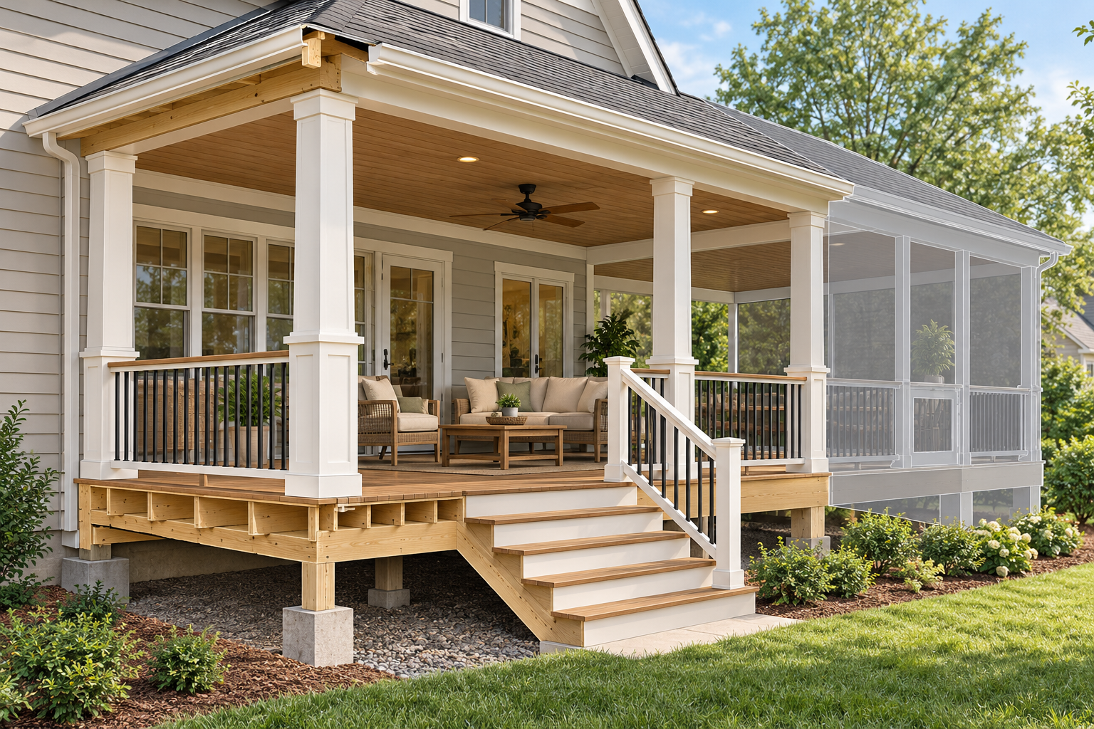 A porch project may combine the roof, house tie-in, columns, floor, stairs, rails, and optional screening.