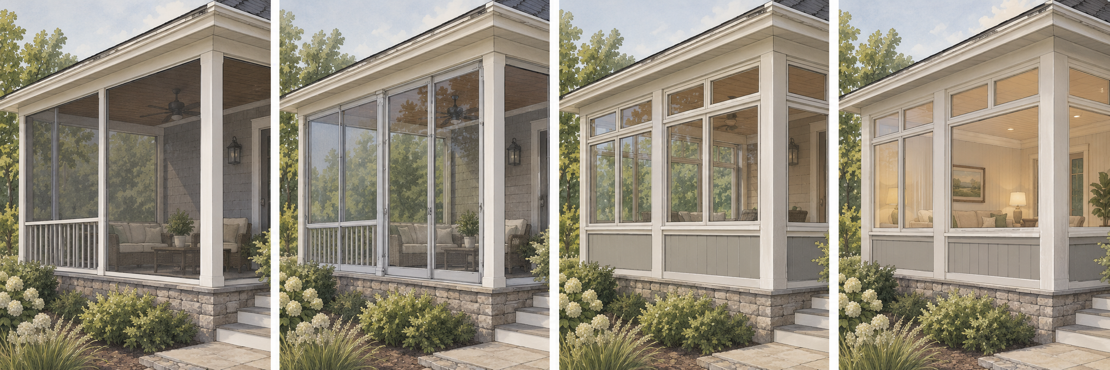 Screens, removable panels, three-season enclosures, and conditioned rooms have different project boundaries.
