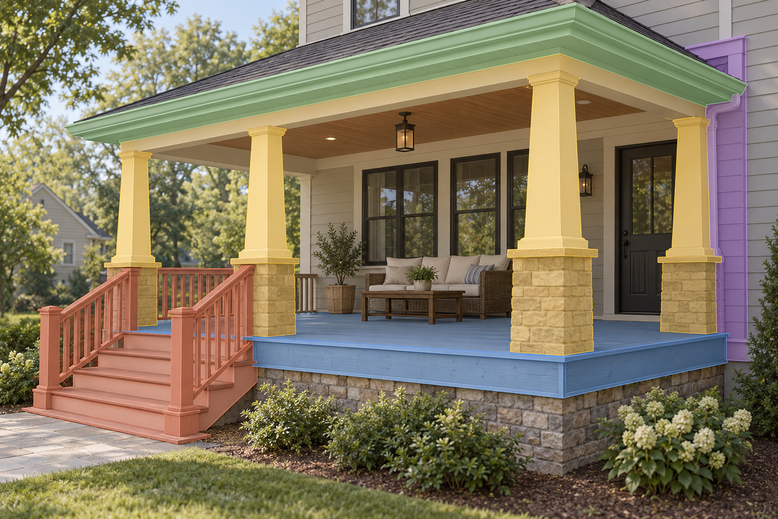 Porch repair estimates may assess the floor, supports, roof, stairs, and house interface as separate areas.