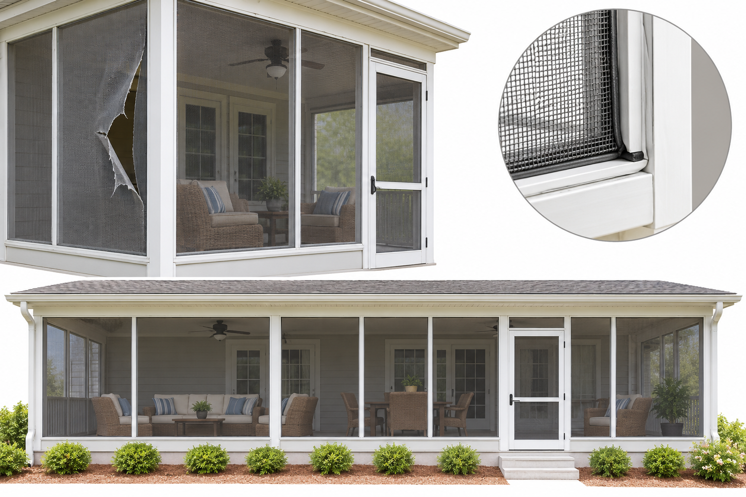 A re-screening estimate can cover one damaged opening or the full set of porch panels and doors.
