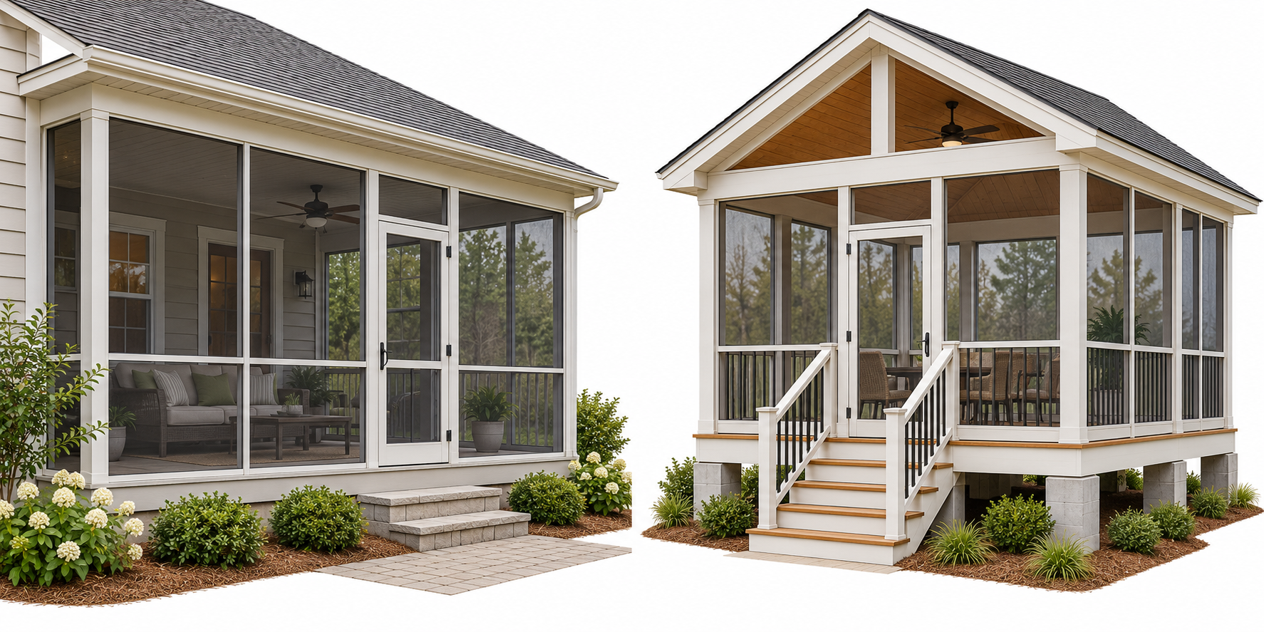 A screen retrofit uses an existing porch structure, while new construction includes the porch and enclosure assembly.
