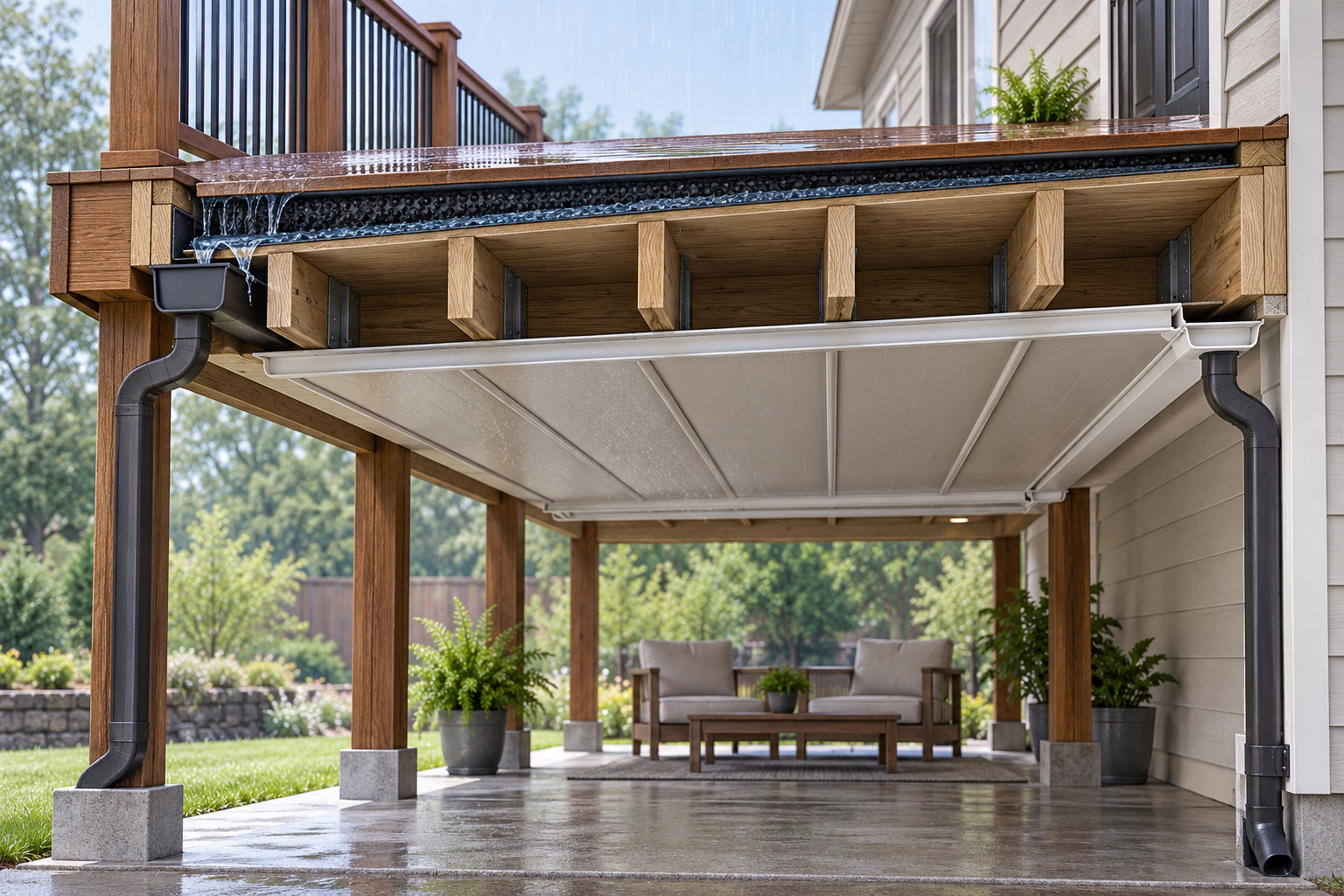 Under-deck systems can collect water above or below the framing and need a defined outlet and service access.