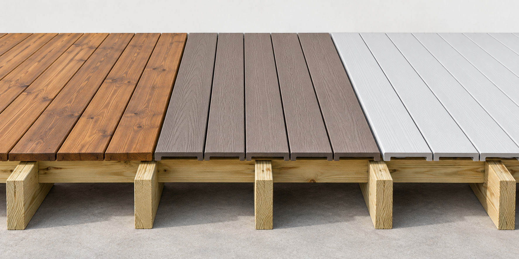 Wood, composite, and PVC decking surfaces shown over the same structural frame